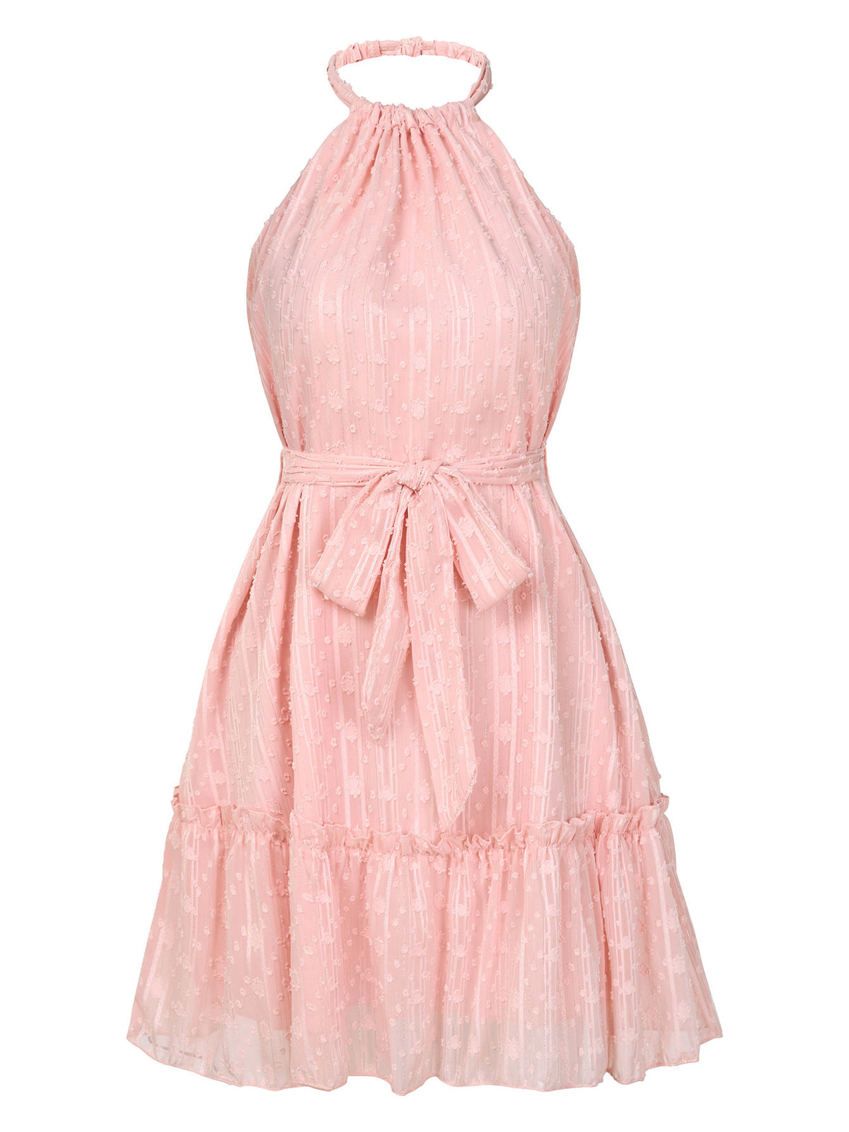 Women's Textured Halter-Neck Tie-Waist Ruffle-Hem Mini Dress - KaleaBoutique.com