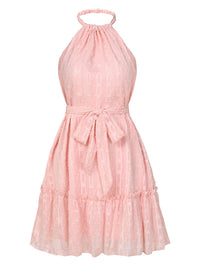 Women's Textured Halter-Neck Tie-Waist Ruffle-Hem Mini Dress - KaleaBoutique.com