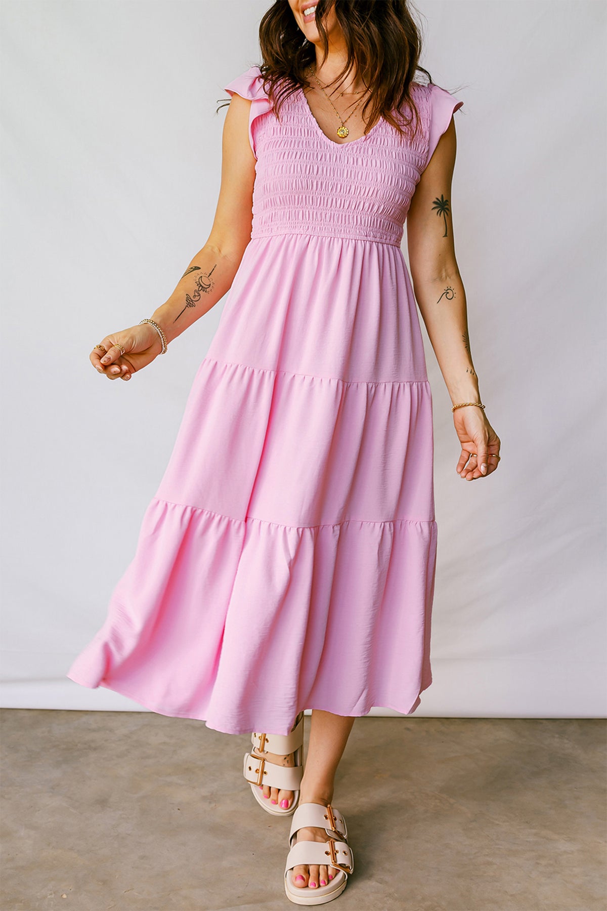 Smocked Bodice Flutter Sleeve Fit Flare Tiered Midi Dress - KaleaBoutique.com