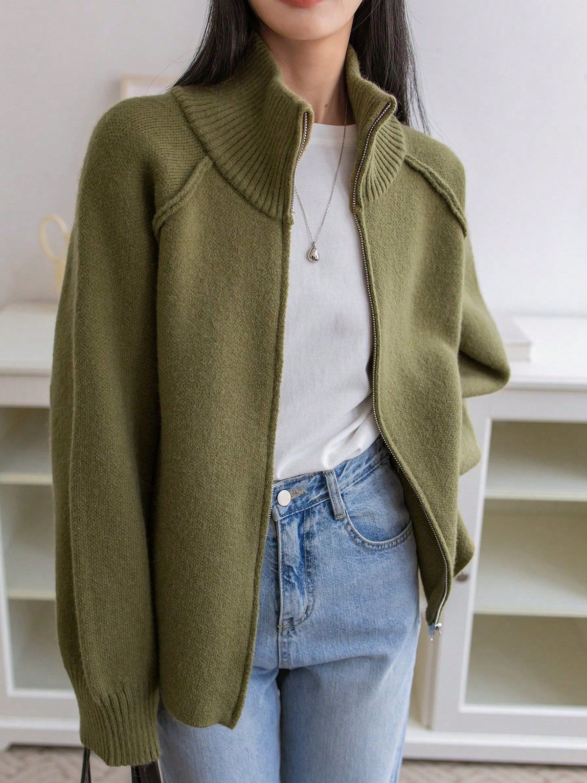 Women's Full-Zip Ribbed-Collar Tight Knit Cardigan - KaleaBoutique.com