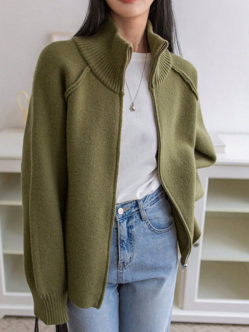 Women's Full-Zip Ribbed-Collar Tight Knit Cardigan - KaleaBoutique.com