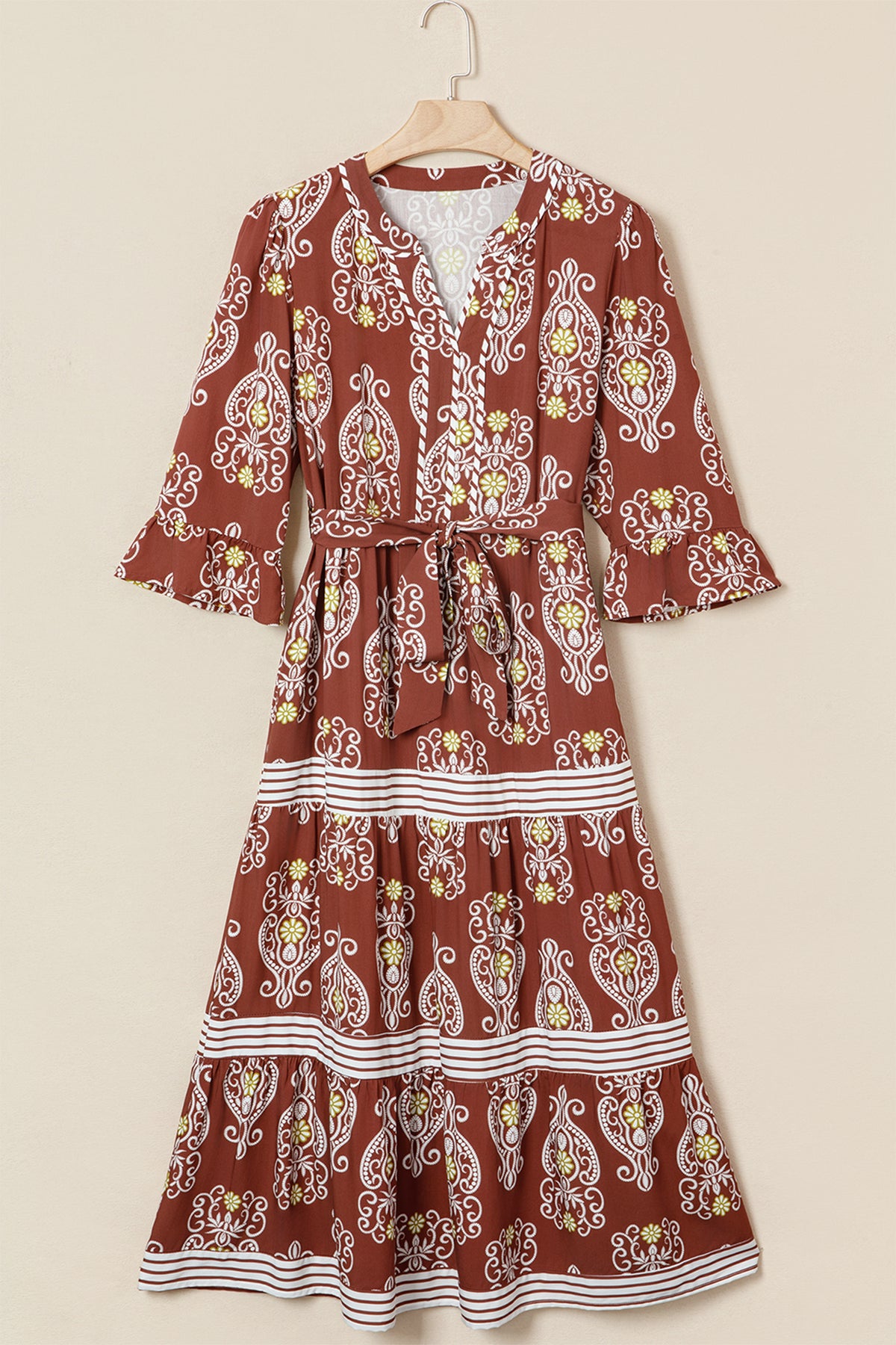 Floral Print Belted Striped Trim Tiered Maxi Dress - KaleaBoutique.com