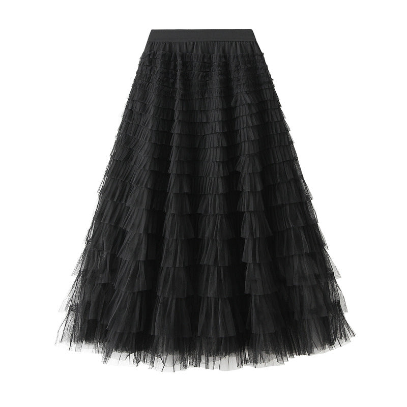 A-Line Mesh Ruffle Skirt Women's Temperament Sweet Long Skirt Slim Cupcake Dress Womens Clothing - KaleaBoutique.com