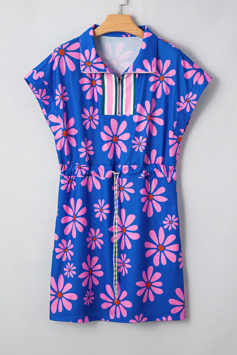 Floral Striped Quarter Zip Cap Sleeve Drawstring Waist Mini Dress - KaleaBoutique.com
