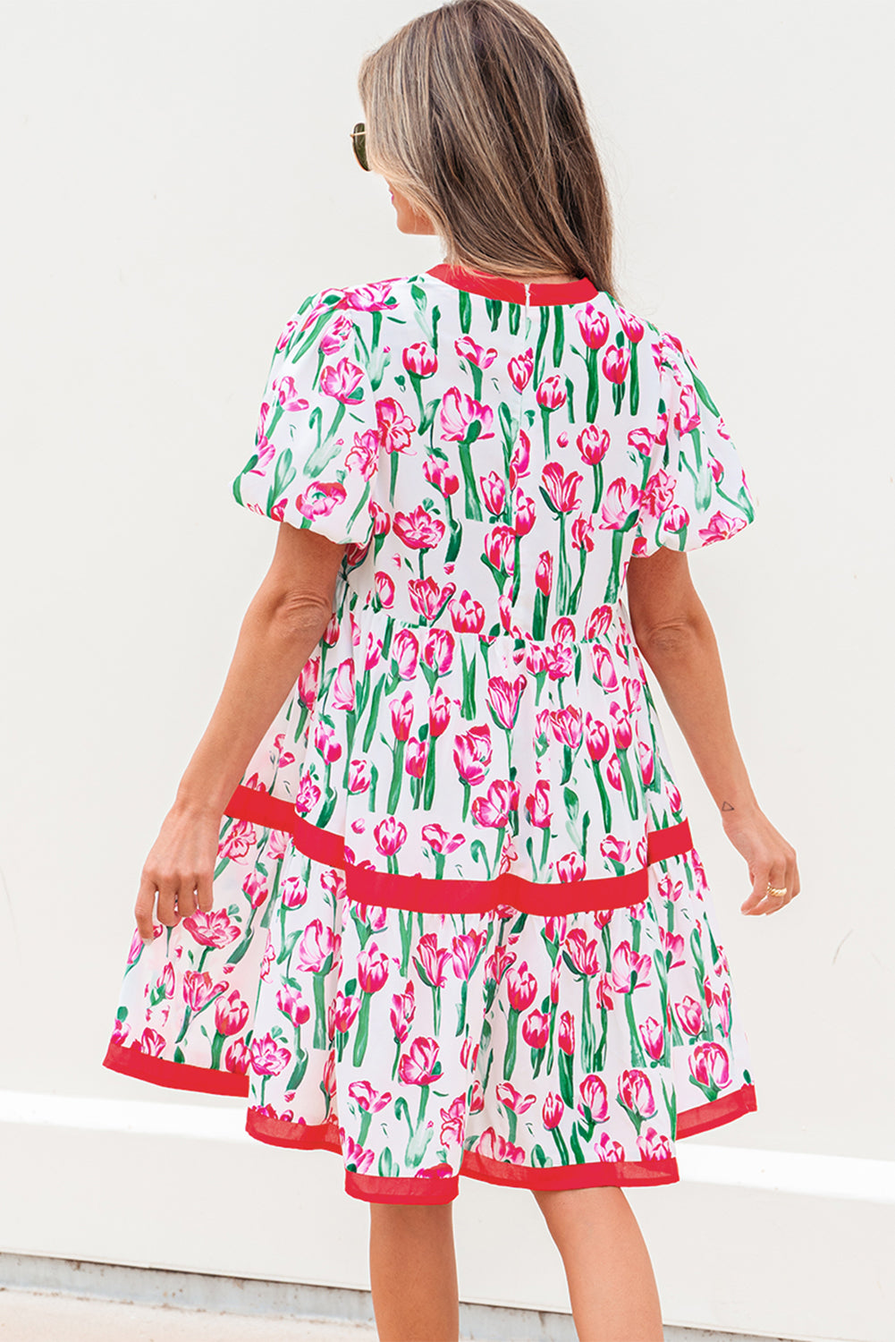 Floral Print Contrast Trim V Neck Bubble Short Sleeve Babydoll Dress - KaleaBoutique.com