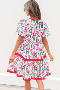 Floral Print Contrast Trim V Neck Bubble Short Sleeve Babydoll Dress - KaleaBoutique.com
