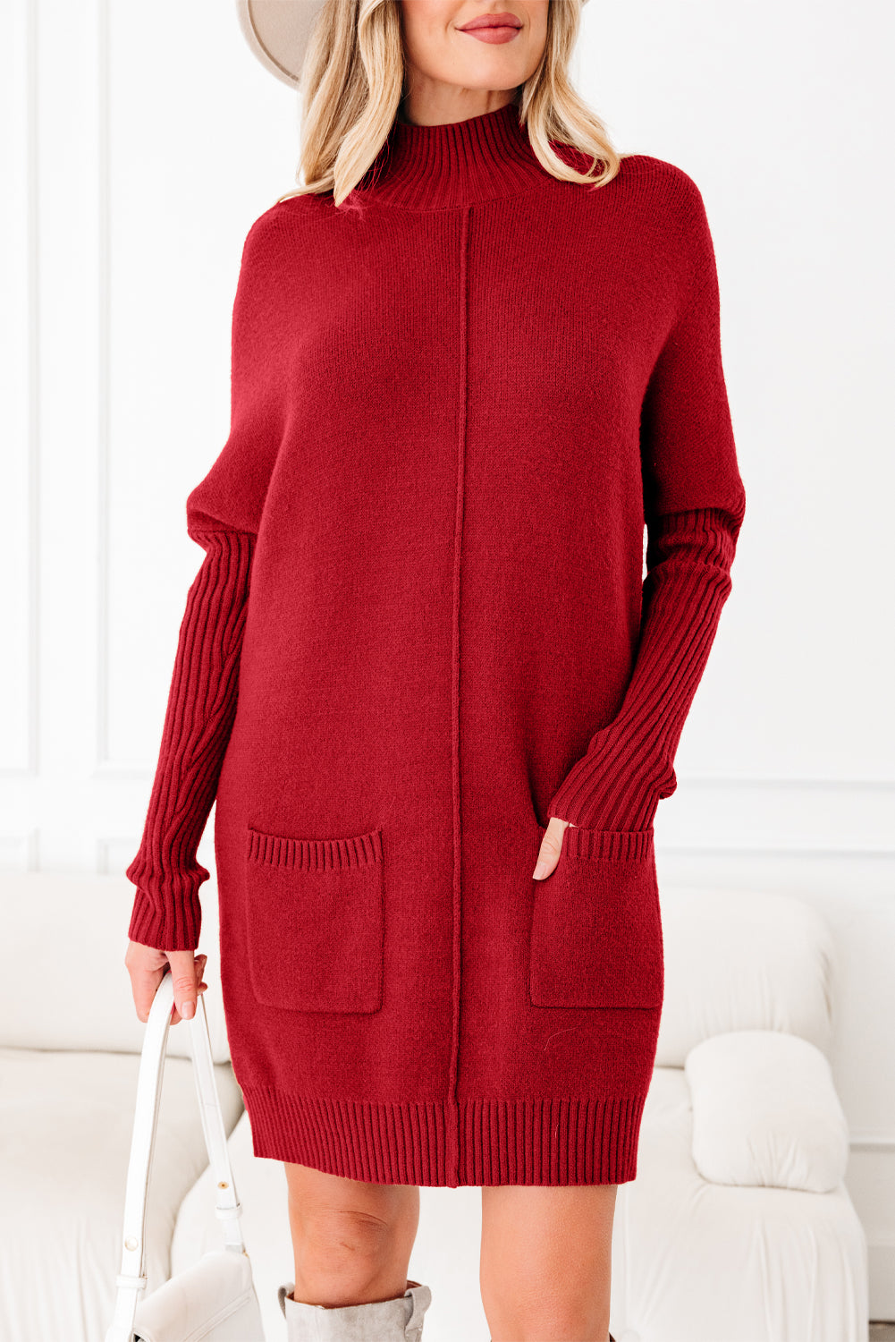 KaleaBoutique Stylish Ribbed High Neck Front Pockets Center Seam Shift Sweater Dress - KaleaBoutique.com