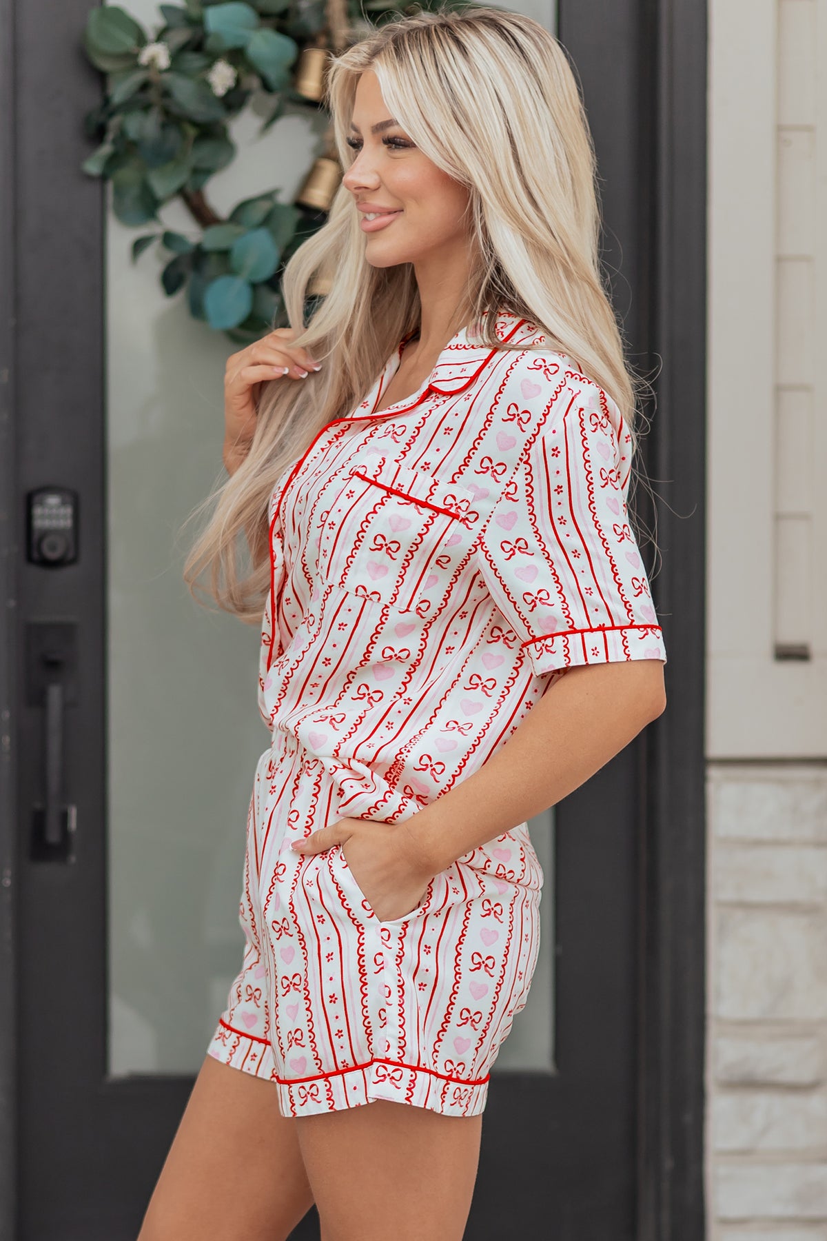 KaleaBoutique Stylish Cute Bow Heart Print Ribbon Decor Short 2pcs Pajama Set - KaleaBoutique.com