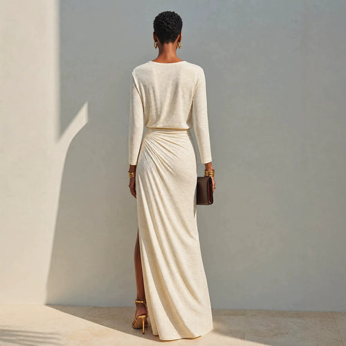 Women's Long-Sleeve Ruched Side-Slit Maxi Dress - KaleaBoutique.com