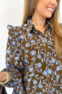 KaleaBoutique Comfortable Floral Print Ruffled Detail Shirt Collar Button Down Long Sleeve Dress - KaleaBoutique.com