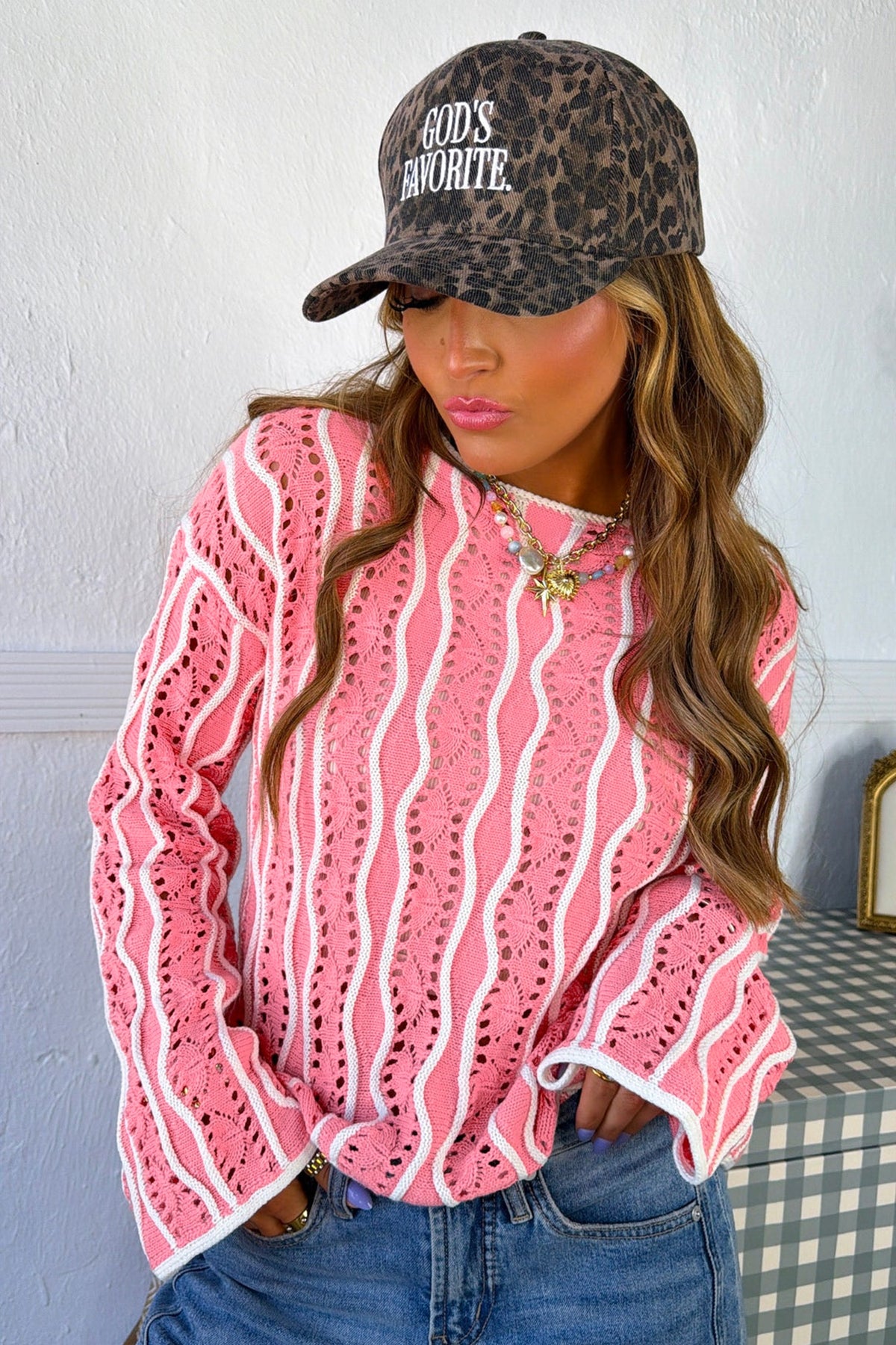 Wavy Detail Hollow Out Knit Long Sleeve Cotton Pullover Sweater - KaleaBoutique.com