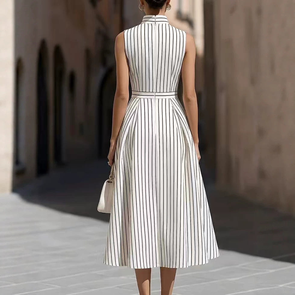 Women's Sleeveless High-Neck Striped Pleated Midi Dress with Pockets - KaleaBoutique.com