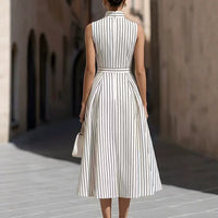 Women's Sleeveless High-Neck Striped Pleated Midi Dress with Pockets - KaleaBoutique.com