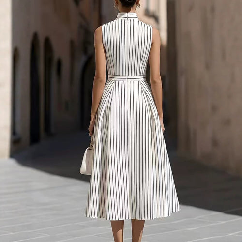 Women's Sleeveless High-Neck Striped Pleated Midi Dress with Pockets - KaleaBoutique.com