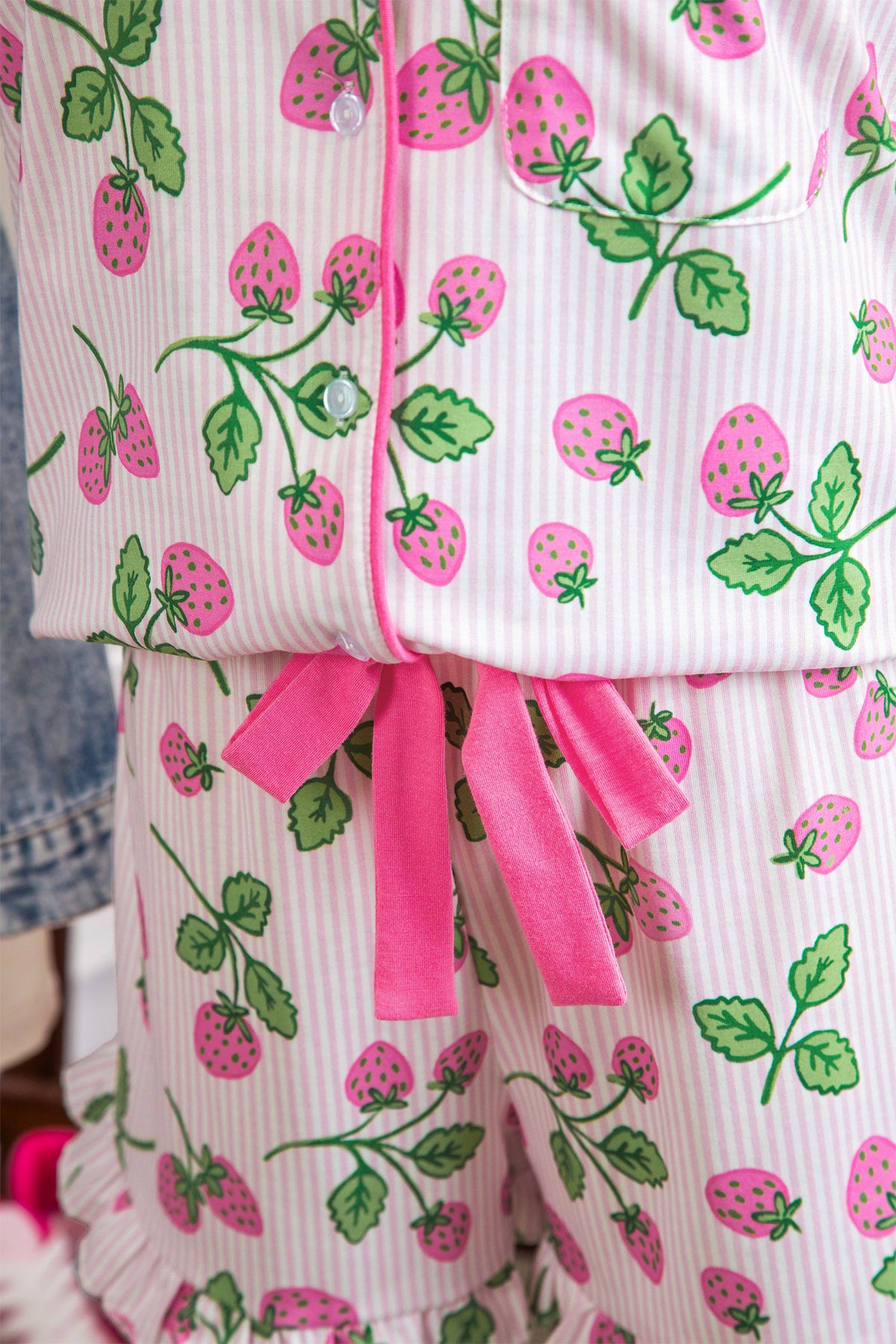 KaleaBoutique Stylish Striped Strawberry Print Lapel Shirt Drawstring Shorts 2pcs Pajama Set - KaleaBoutique.com