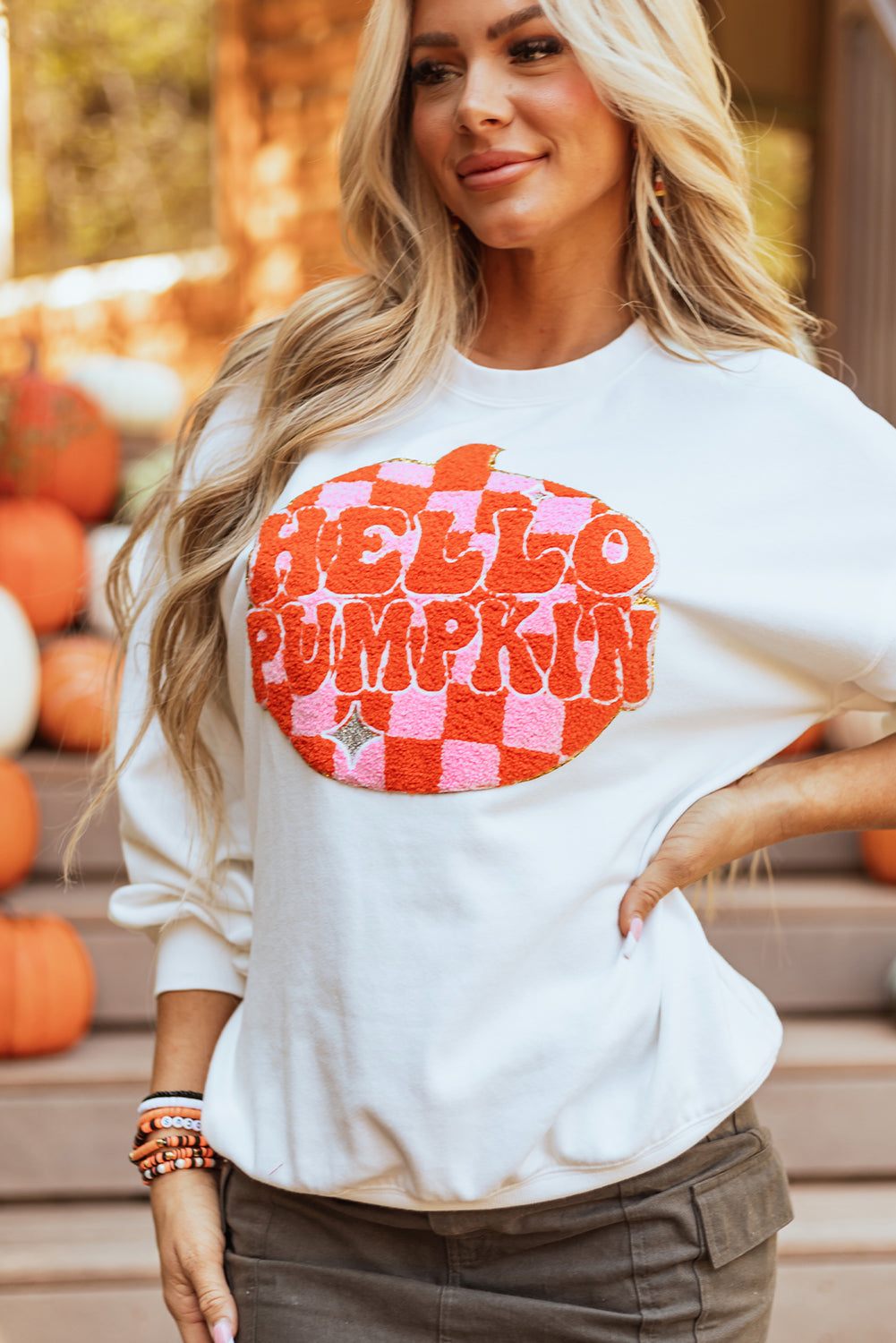 KaleaBoutique Stylish Terry Halloween Pumpkin Patched Pattern Pullover Sweatshirt - KaleaBoutique.com