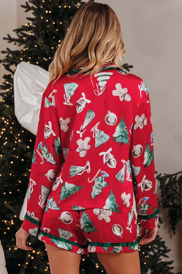 KaleaBoutique Comfortable Christmas Fashion Print Contrast Ruffle Trim Ribbon Bow Knot 2pcs Pajama Set - KaleaBoutique.com