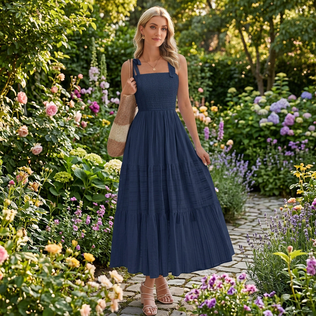 2026 Hot Summer Pleated A-Line Cami Long Dress With Pockets, Beach Vacation Style - KaleaBoutique.com