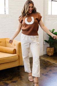 KaleaBoutique Comfortable Western Horseshoe Pattern Short Sleeve Knit Sweater - KaleaBoutique.com
