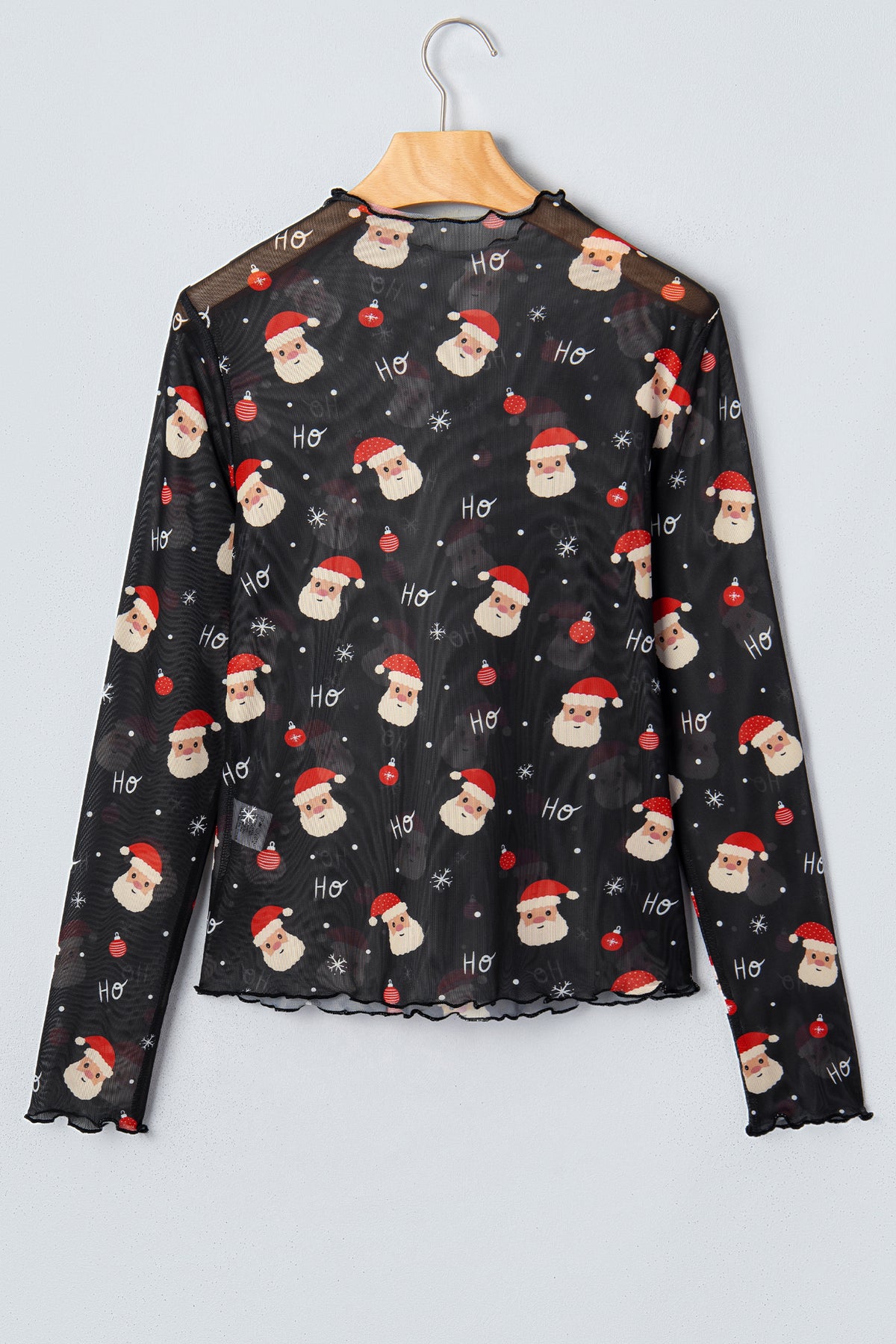 KaleaBoutique Stylish Santa Print Sheer Stand Neck Long Sleeve Top - KaleaBoutique.com