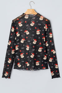 KaleaBoutique Stylish Santa Print Sheer Stand Neck Long Sleeve Top - KaleaBoutique.com