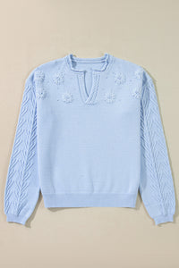 KaleaBoutique Flower Detail Knitted Notched Neck Sweater - KaleaBoutique.com
