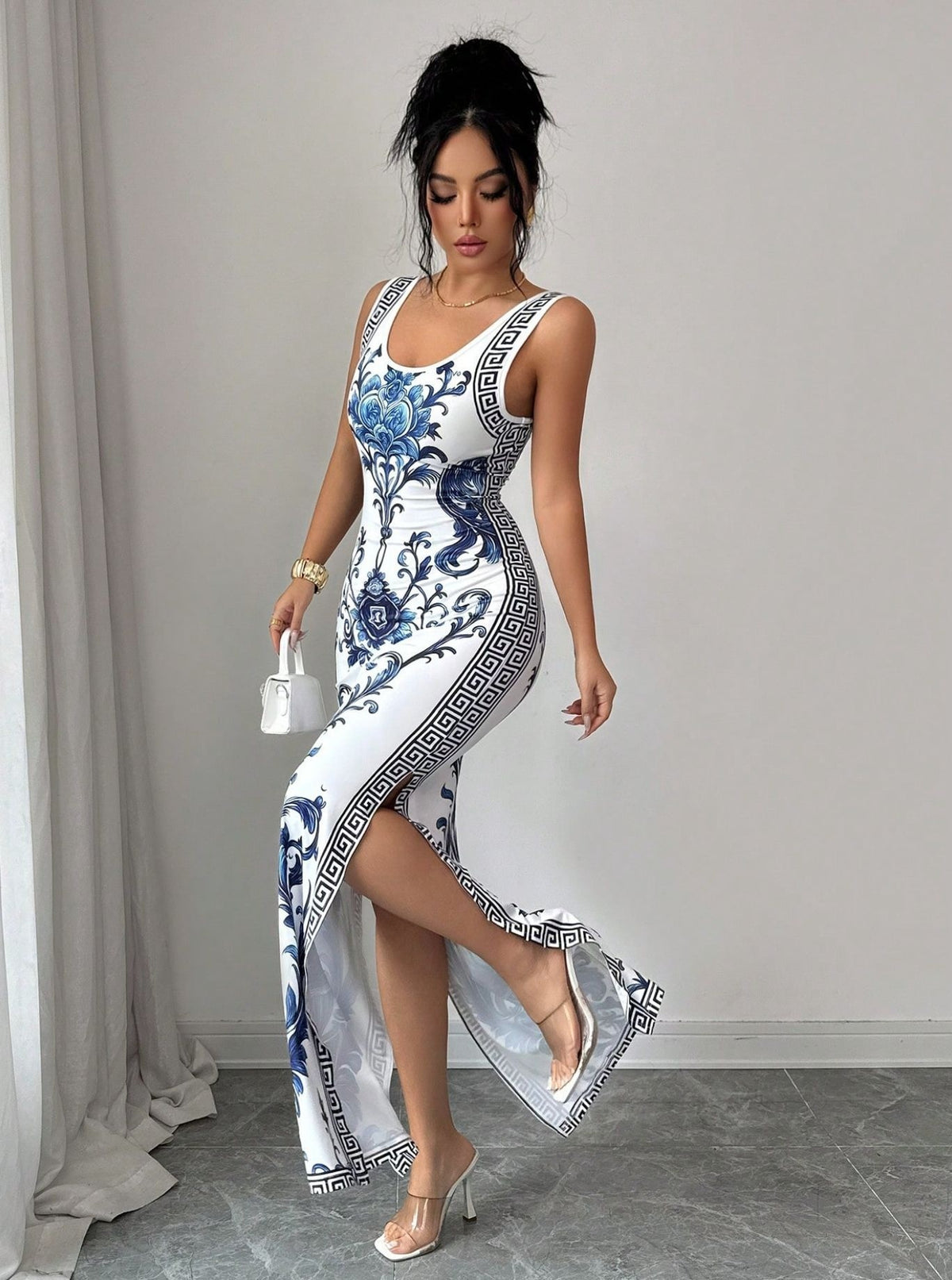 Women's Porcelain-Print Scoop-Neck Side-Slit Maxi Dress - KaleaBoutique.com