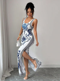 Women's Porcelain-Print Scoop-Neck Side-Slit Maxi Dress - KaleaBoutique.com