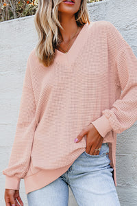 Thermal V Neck Relaxed Long Sleeve Knit Top - KaleaBoutique.com