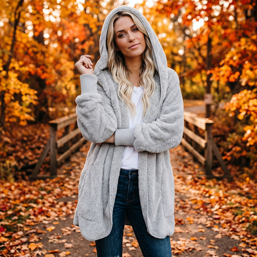 Women's Hooded Plush-Texture Longline Coat - KaleaBoutique.com