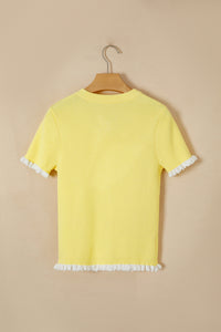 KaleaBoutique Stylish Ribbed Knit Contrast Frilled Short Sleeve Sweater Cardigan - KaleaBoutique.com