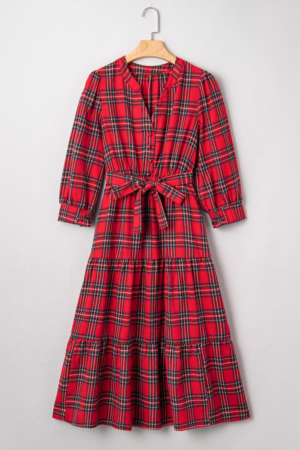 KaleaBoutique Christmas Plaid V Neck 3/4 Sleeve Tie Waist Ruffle Hem Long Dress - KaleaBoutique.com