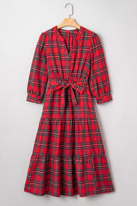 KaleaBoutique Christmas Plaid V Neck 3/4 Sleeve Tie Waist Ruffle Hem Long Dress - KaleaBoutique.com