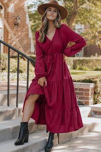 Solid Long Sleeve Button V Neck Tiered Maxi Dress - KaleaBoutique.com