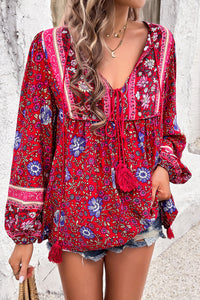 KaleaBoutique Chic Bohemian Floral Print Tassel Tie Front Long Sleeve Blouse - KaleaBoutique.com
