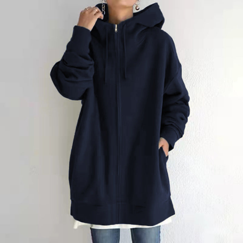 Women's Longline Full-Zip Drawstring Hoodie with Pockets - KaleaBoutique.com