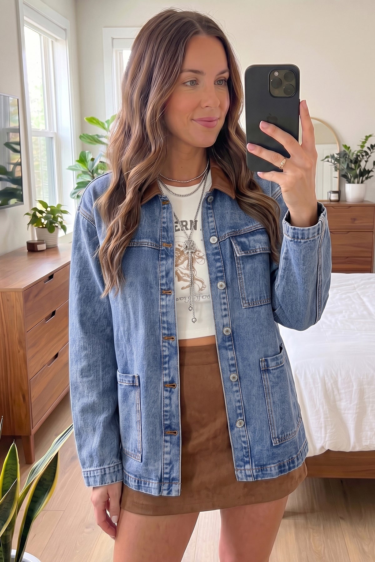 Patchwork Leather Collar Long Sleeve Denim Jacket - KaleaBoutique.com