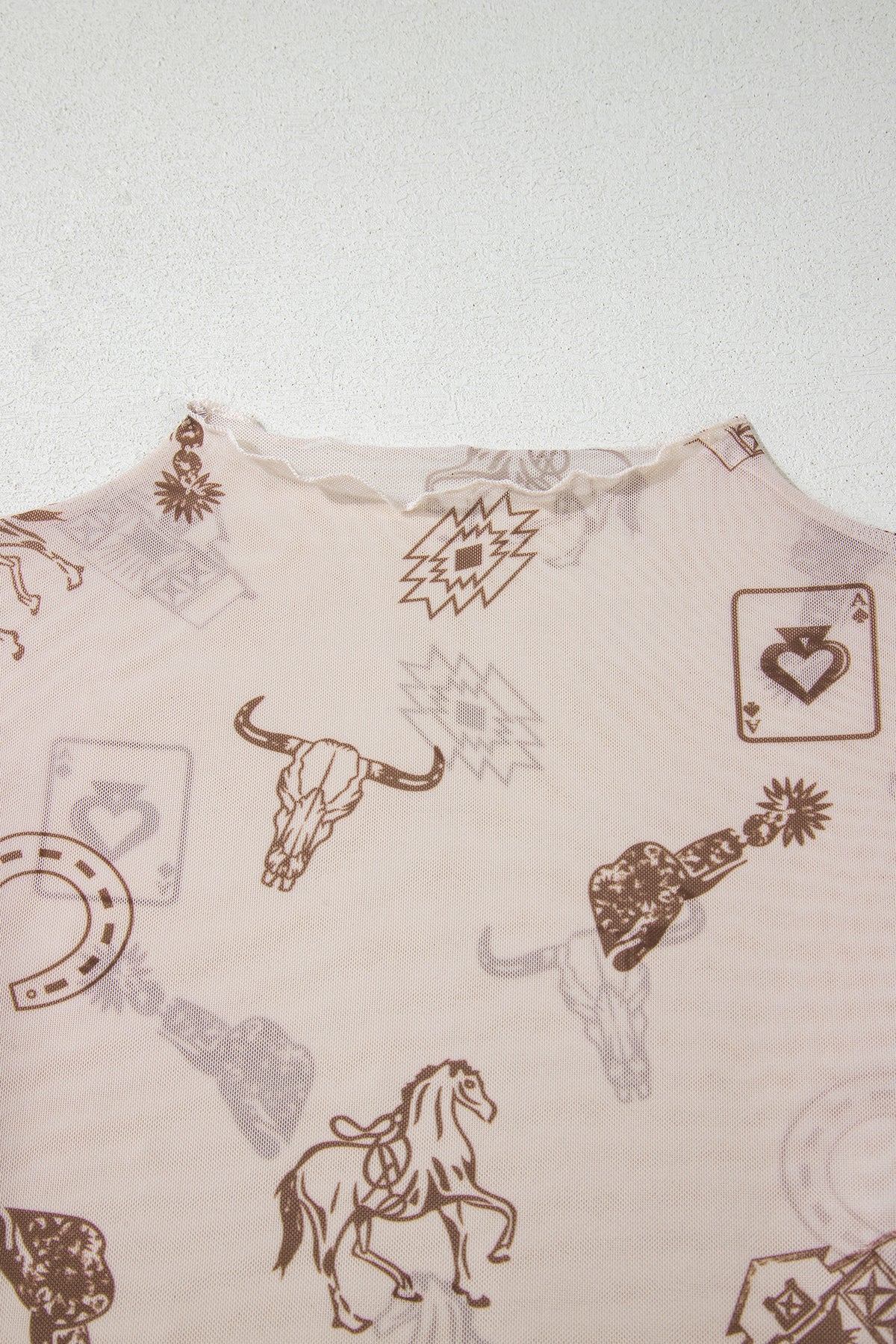 KaleaBoutique Stylish Western Print Slim Fit Mesh Long Sleeve Mock Neck Top - KaleaBoutique.com