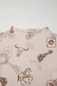 KaleaBoutique Stylish Western Print Slim Fit Mesh Long Sleeve Mock Neck Top - KaleaBoutique.com