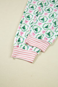 KaleaBoutique Comfortable Bow Christmas Tree Print Contrast Striped Banding 2pcs Lounge Set - KaleaBoutique.com