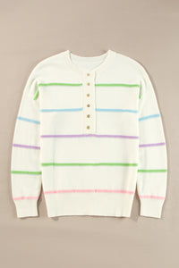 KaleaBoutique Rainbow Stripes Drop Shoulder Baggy Henley Sweater - KaleaBoutique.com