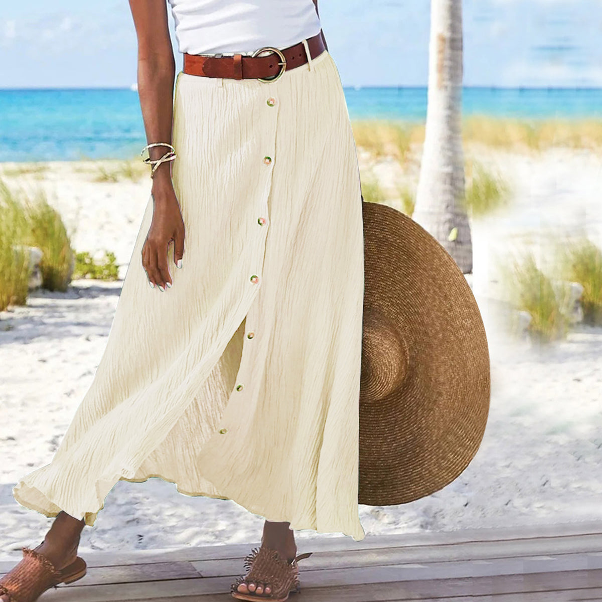 Women's Fashion Cotton Linen A-Line Hip Mid Waist Long Skirt - KaleaBoutique.com