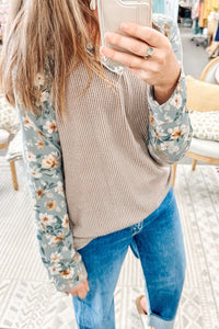 KaleaBoutique Stylish Ribbed Floral Contrast Patchwork Long Sleeve Top - KaleaBoutique.com