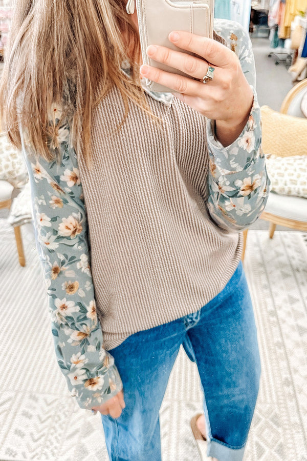 KaleaBoutique Stylish Ribbed Floral Contrast Patchwork Long Sleeve Top - KaleaBoutique.com