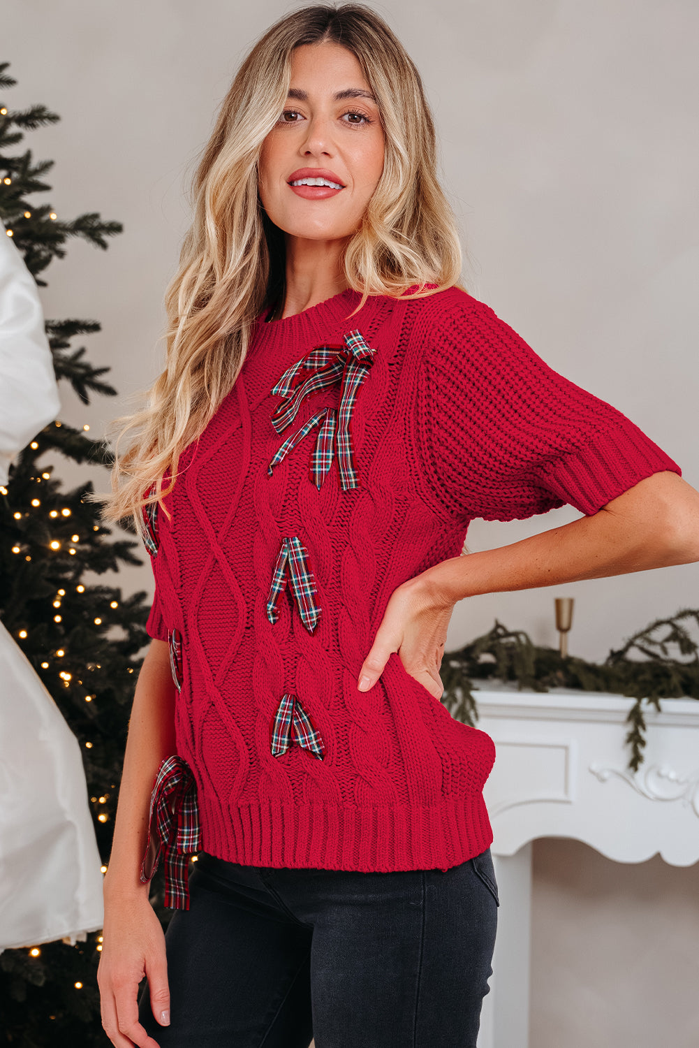 KaleaBoutique Comfortable Plaid Lace up Detail Christmas Holiday Puff Short Sleeve Sweater - KaleaBoutique.com