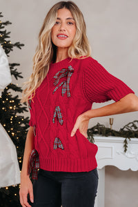 KaleaBoutique Comfortable Plaid Lace up Detail Christmas Holiday Puff Short Sleeve Sweater - KaleaBoutique.com