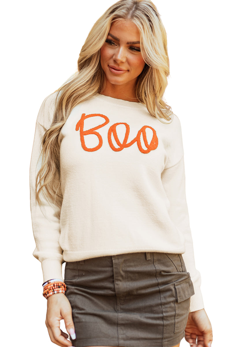 KaleaBoutique Boo Knitted Pattern Ribbed Edge Drop Shoulder Sweater - KaleaBoutique.com