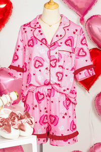 KaleaBoutique Stylish Sweet Heart Cake Print Contrast Ruffle Trim Valentines 2pcs Pajama Set - KaleaBoutique.com