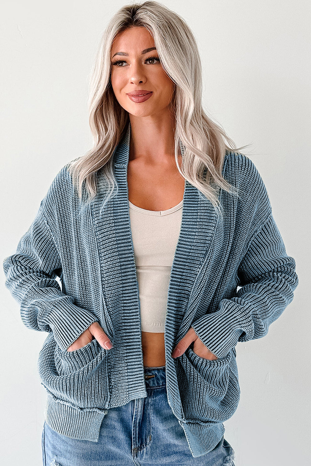 KaleaBoutique Stylish Mineral Wash Exposed Seam Patchwork Knit Open Sweater Cardigan - KaleaBoutique.com