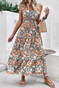 KaleaBoutique Stylish Floral Print Trimmed V Neck Tie Waist Sleeveless Holiday Long Dress - KaleaBoutique.com
